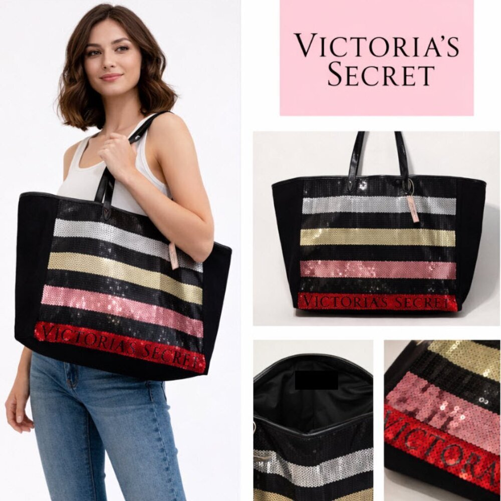 Victoria’s Secret Sequin Stripe Tote Black Large Shopper Weekender Bag NWT